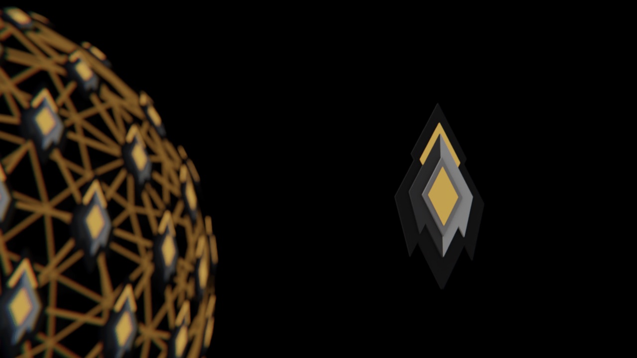 Motion design still — a gold and black 3D diamond emblem beside a dotted wireframe sphere
